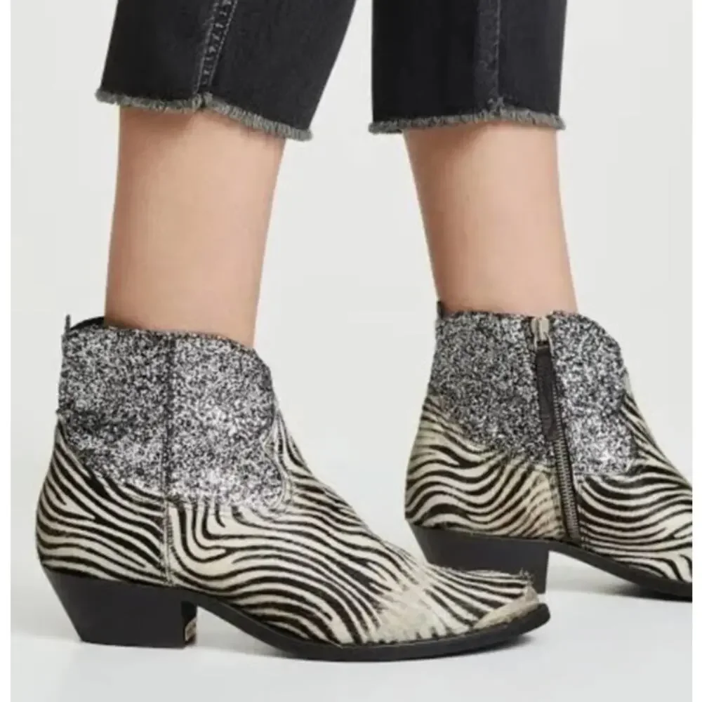Golden Goose Ankle Western Zip Boots Bootie Zebra Ponyhair Zebra Glitter Size 37 - Picture 1 of 10